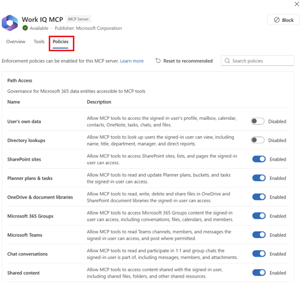 Screenshot of the Policies tab for Work IQ MCP server.