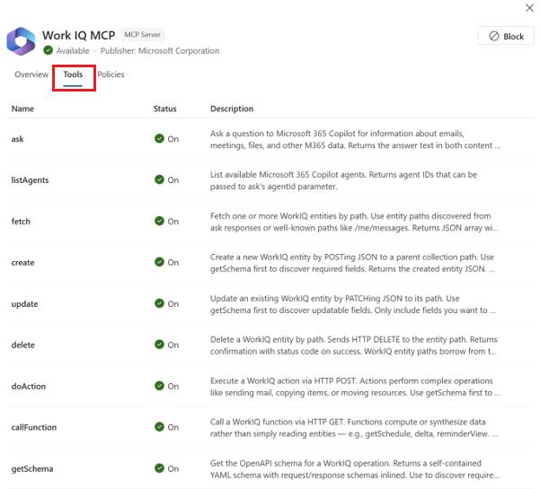 Screenshot of the Tools tab for Work IQ MCP server.