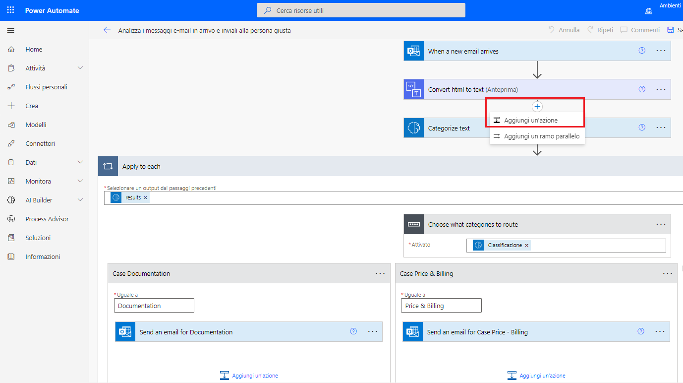 Screenshot del flusso selezionato in Power Automate Studio con l'opzione Aggiungi un'azione evidenziata.