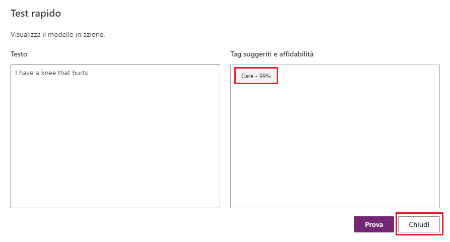 Screenshot della finestra popup Test rapido con testo