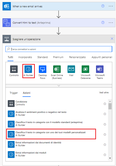 Screenshot del flusso selezionato in Power Automate Studio con il connettore AI Builder e l'azione Classifica il testo in categorie con uno dei tuoi modelli personalizzati.