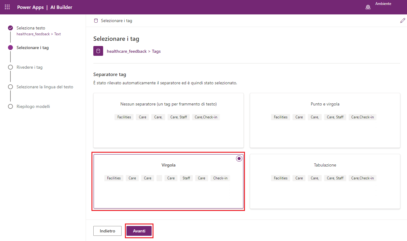 Screenshot del modello di classificazione in categorie in Power Apps Studio con una presentazione delle diverse opzioni di separatore e dei risultati con l'opzione Virgola evidenziata.