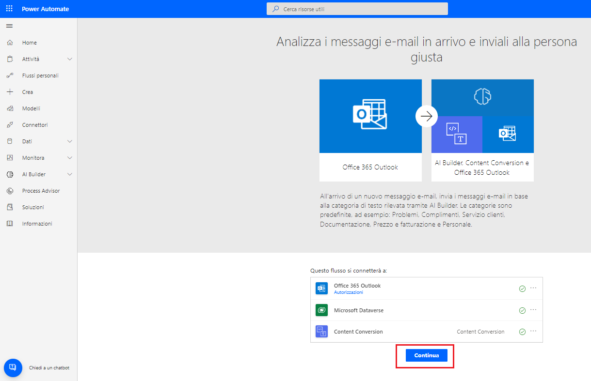 Screenshot del riepilogo per il modello selezionato in Power Automate Studio con un elenco di connettori e l'opzione Continua evidenziata.