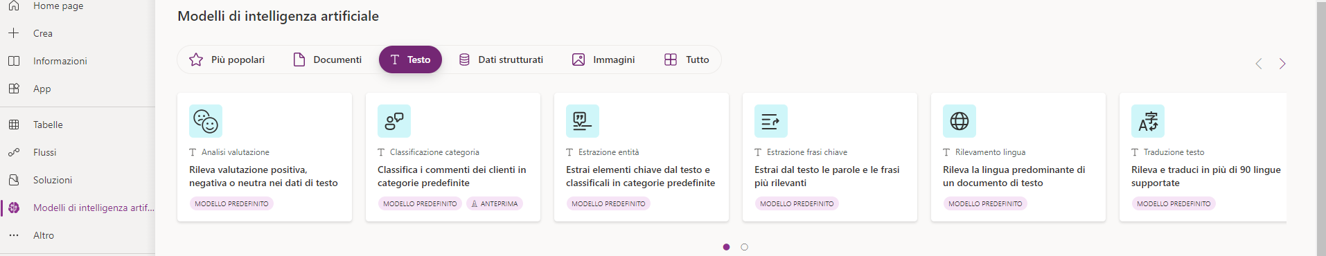 Screenshot di Power Apps Studio che mostra il riquadro del modello di classificazione in categorie e il menu di spostamento di AI Builder.