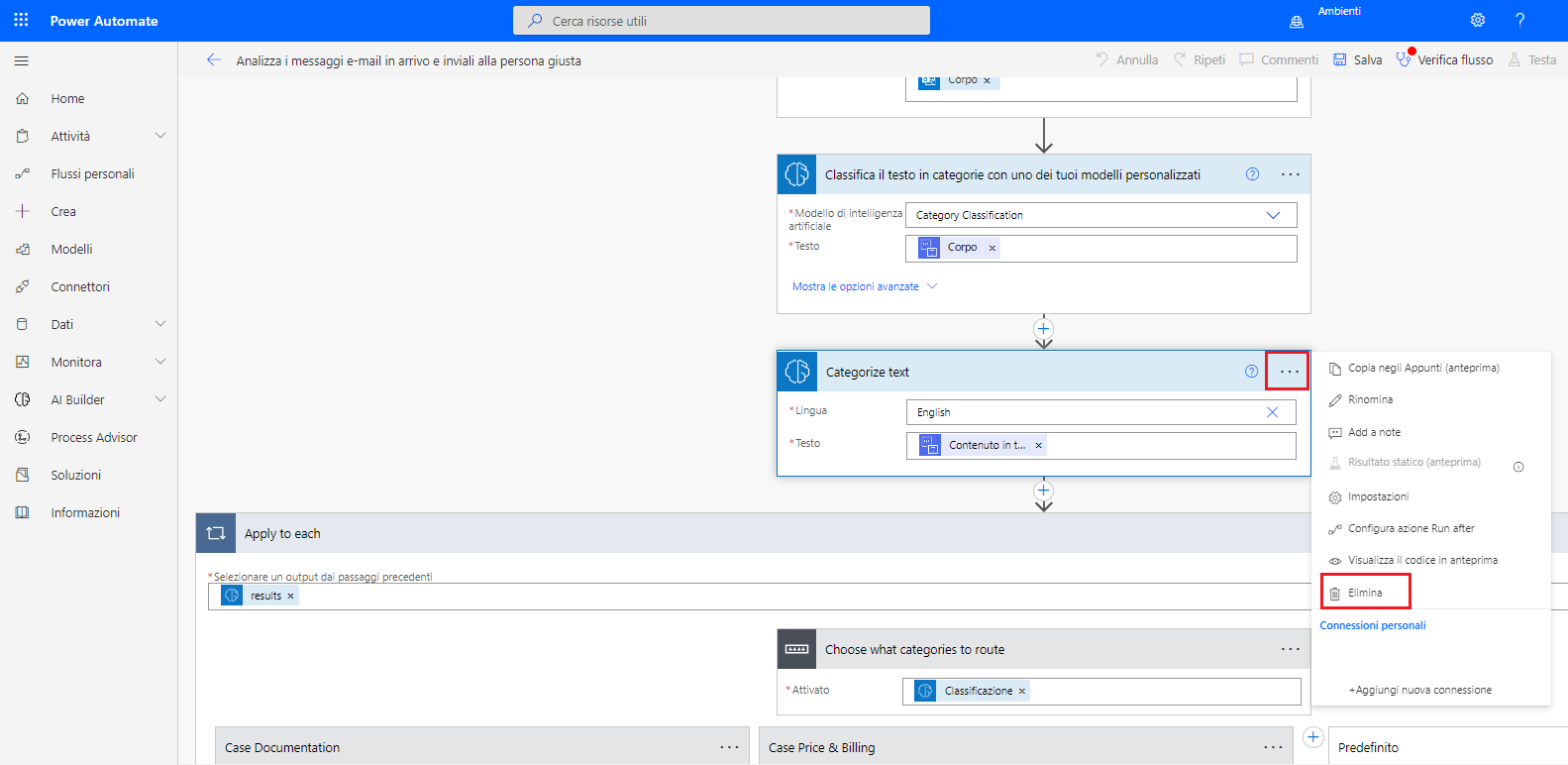 Screenshot del flusso selezionato in Power Automate Studio con l'opzione Elimina per l'azione originale Classifica testo evidenziata.