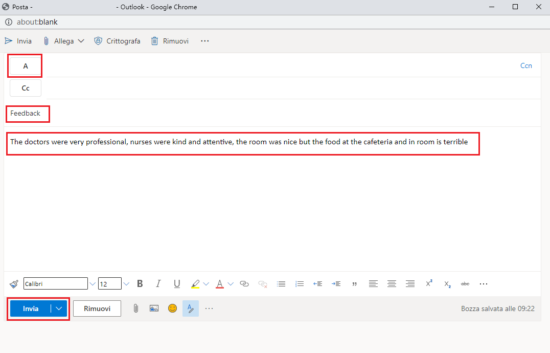 Screenshot di un messaggio e-mail di esempio l'opzione A, l'oggetto