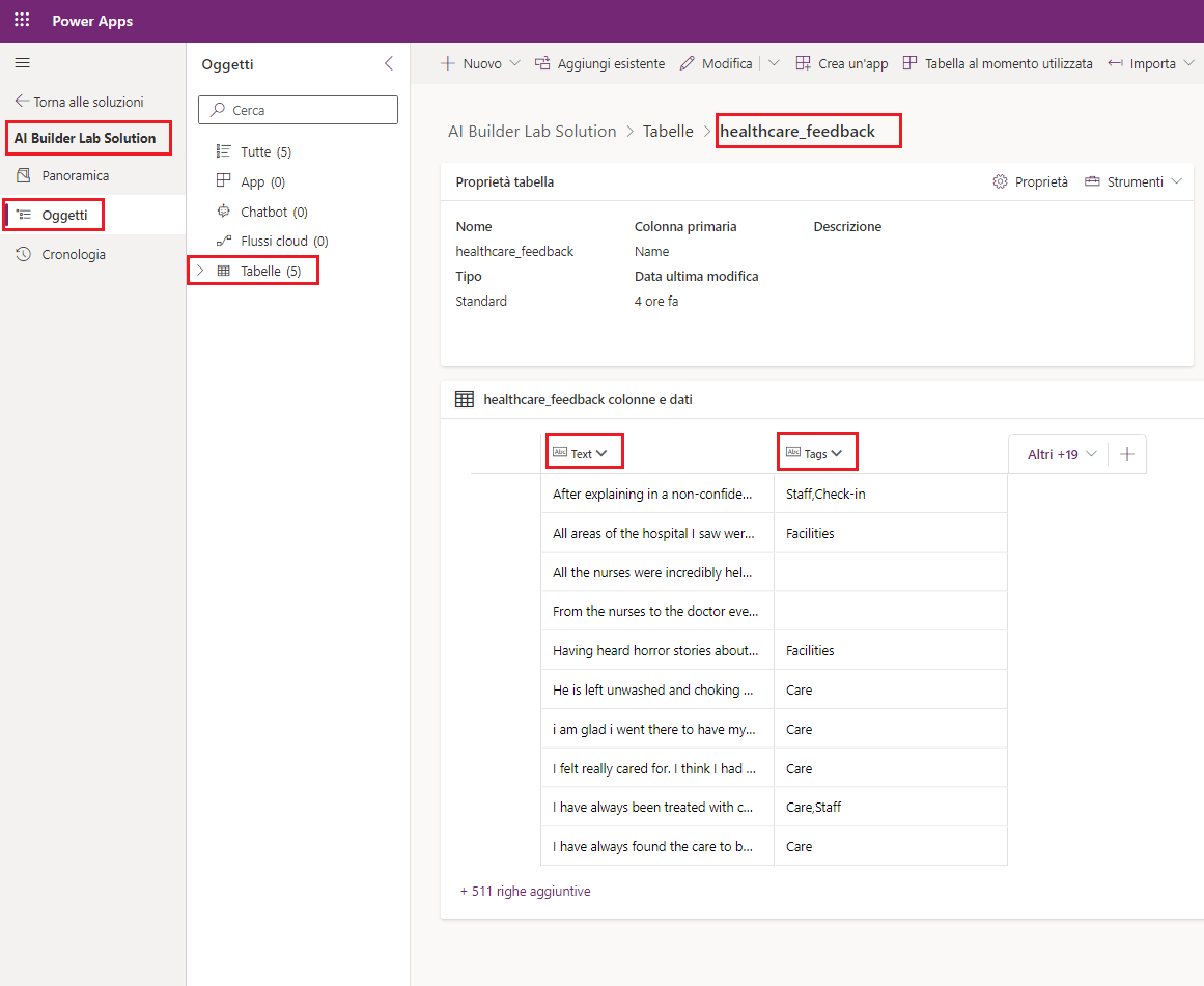 Screenshot della tabella healthcare_feedback in Microsoft Power Apps Studio con colonne di testo e tag evidenziate.