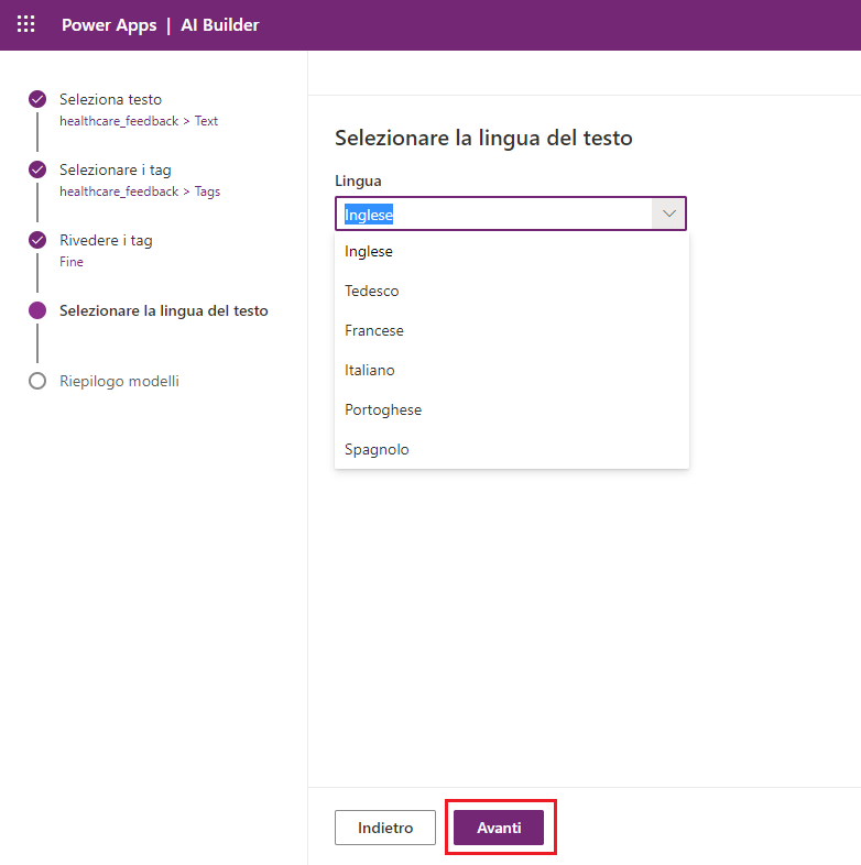 Screenshot del modello di classificazione in categorie in Power Apps Studio con un elenco a discesa di lingue in cui è selezionata la lingua inglese e l'opzione Avanti selezionata.
