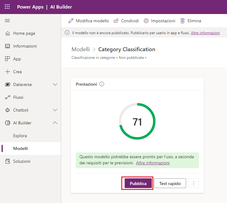 Screenshot del modello Classificazione in categorie in Power Apps Studio con l'indicatore di prestazioni e l'opzione Pubblica evidenziata.
