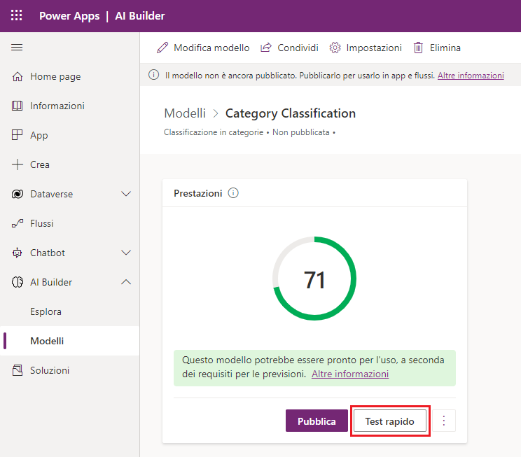Screenshot del modello Classificazione in categorie in Power Apps Studio con l'indicatore di prestazioni e l'opzione Test rapido evidenziata.