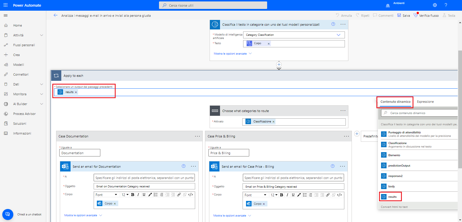 Screenshot del flusso selezionato in Power Automate Studio con l'input Applica a ogni e la finestra popup per la selezione del contenuto dinamico in cui sono selezionati i risultati evidenziati.