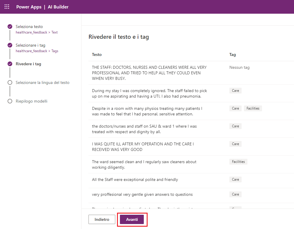 Screenshot del modello di classificazione in categorie in Power Apps Studio, che visualizza un elenco di record con il testo e i tag e l'opzione Avanti selezionata.