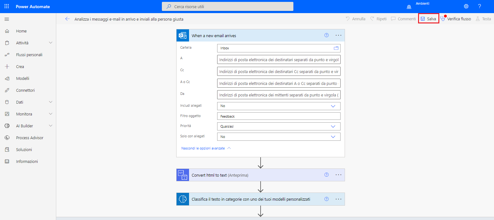 Screenshot del flusso selezionato in Power Automate Studio con l'opzione Salva evidenziata.
