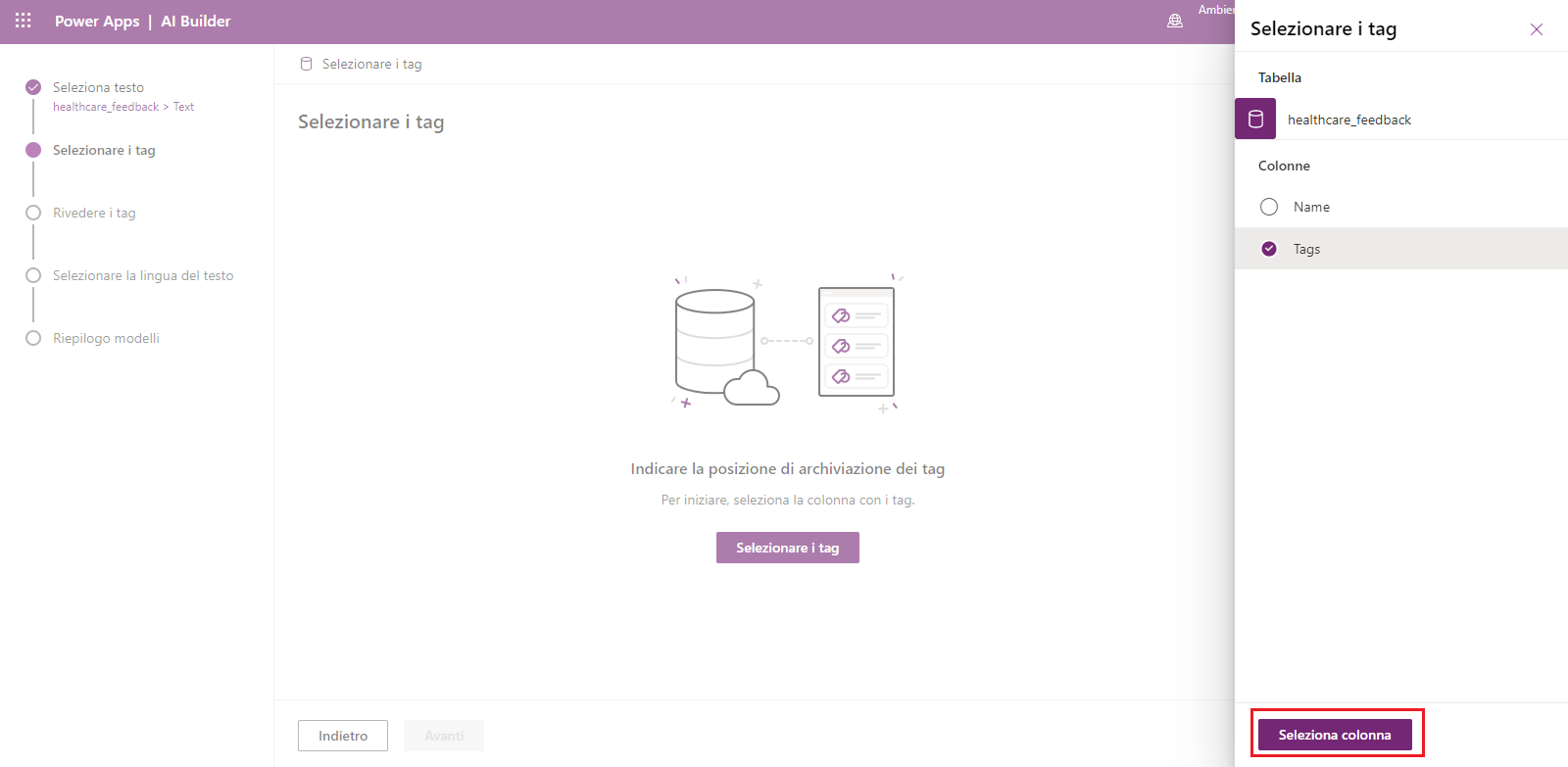 Screenshot del modello di classificazione in categorie in Power Apps Studio con un riquadro a destra per selezionare la colonna Tag.