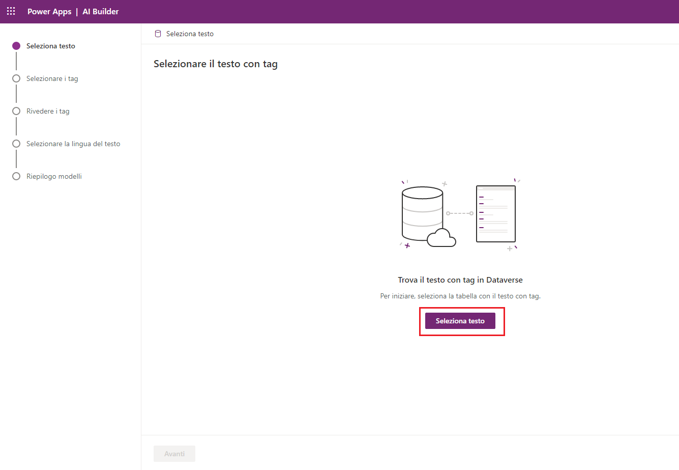 Screenshot del modello di classificazione in categorie in Power Apps Studio con l'opzione Seleziona testo evidenziata.