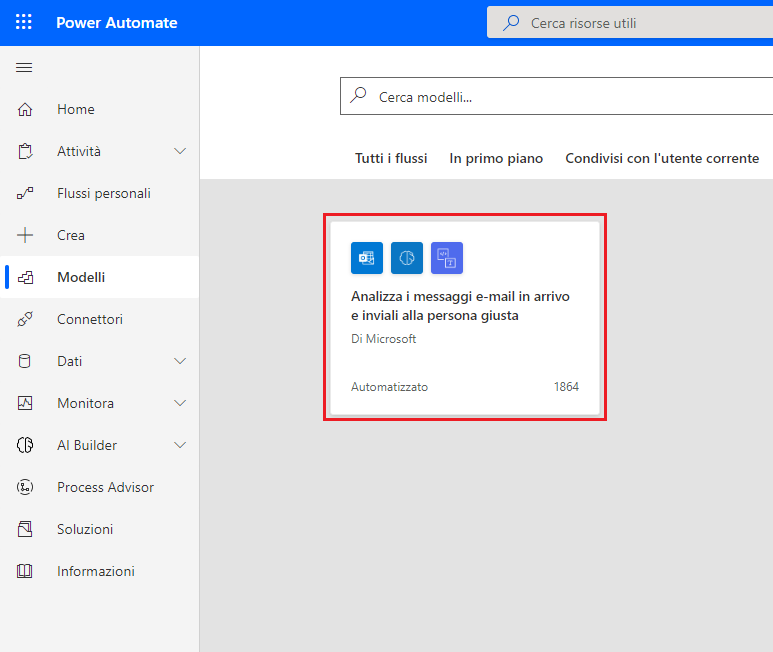 Screenshot dei modelli disponibili in Power Automate Studio, che mostra il riquadro Analizza i messaggi e-mail in arrivo e inviali alla persona giusta evidenziato.