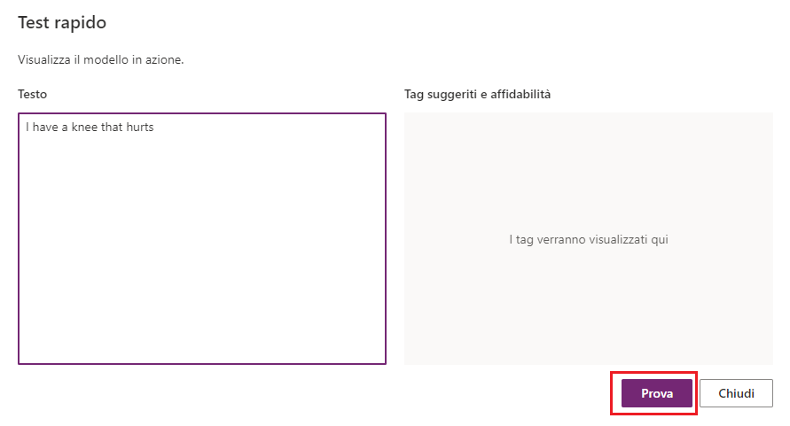 Screenshot della finestra a popup Test rapido con il testo