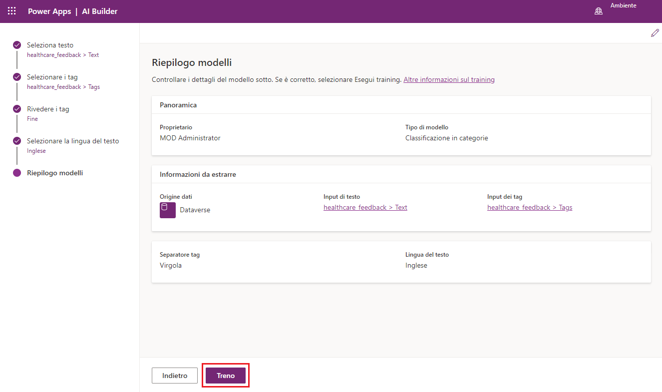Screenshot del modello Classificazione in categorie in Power Apps Studio con informazioni di riepilogo sul modello e l'opzione Avanti evidenziata.