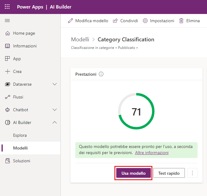 Screenshot del modello Classificazione in categorie in Power Apps Studio con un indicatore di prestazioni e l'opzione Usa modello evidenziata.