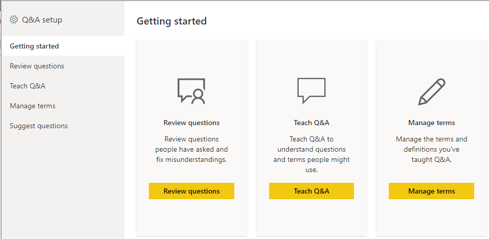 Screenshot della finestra Configurazione di Domande e risposte con l'opzione Insegna a Domande e risposte.
