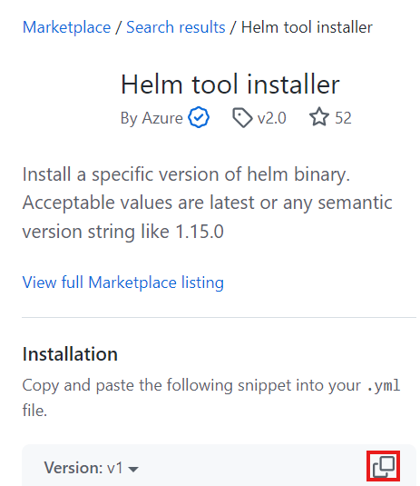 Screenshot that shows the copy function after selecting the Helm installer action.