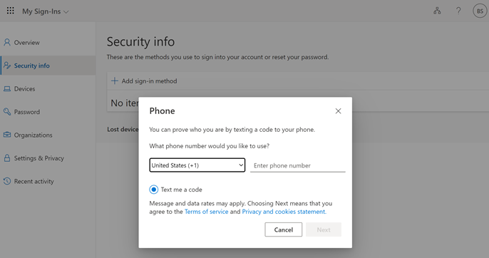 Screenshot che mostra il modulo di registrazione del telefono cellulare per la reimpostazione della password self-service.