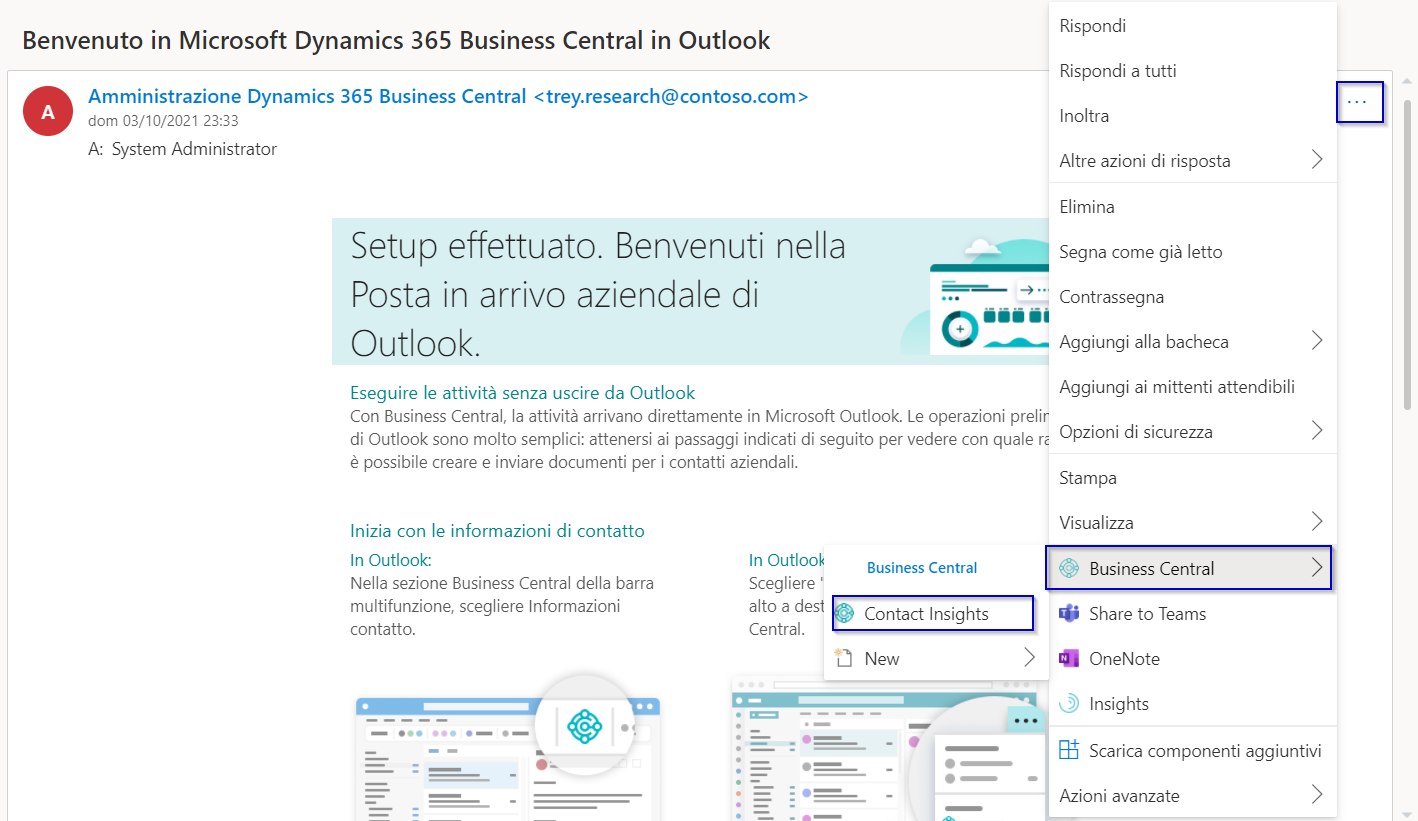 Screenshot dell'opzione Informazioni contatto per Business Central.