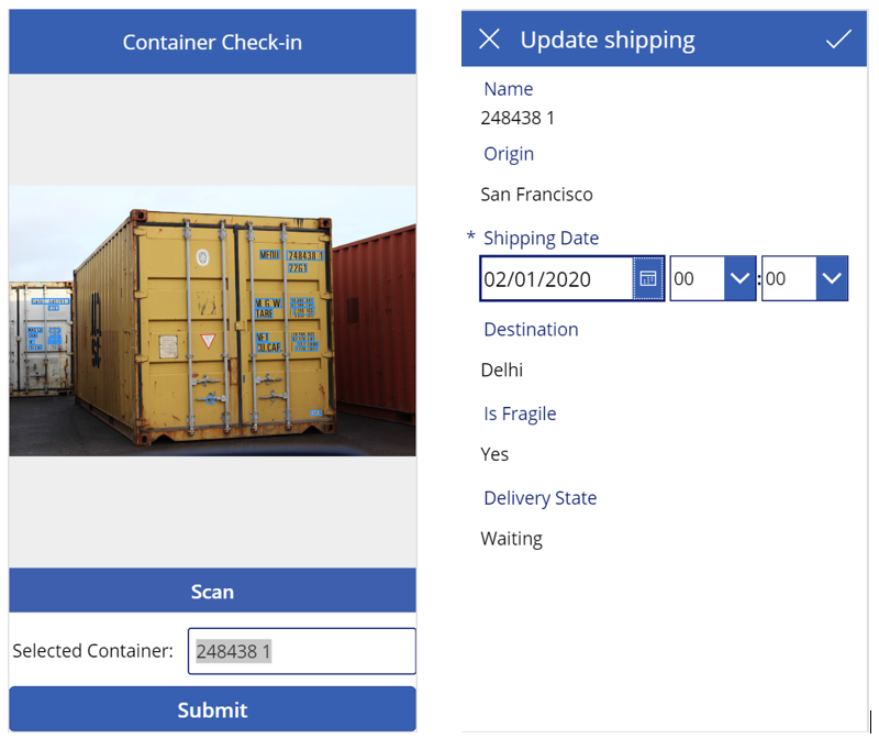 Le schermate di Container Check-in e di aggiornamento della spedizione vengono visualizzate una accanto all'altra.