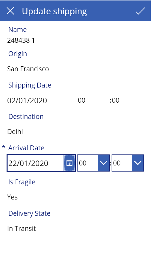 Schermata di aggiornamento della spedizione che mostra la data di arrivo aggiornata.