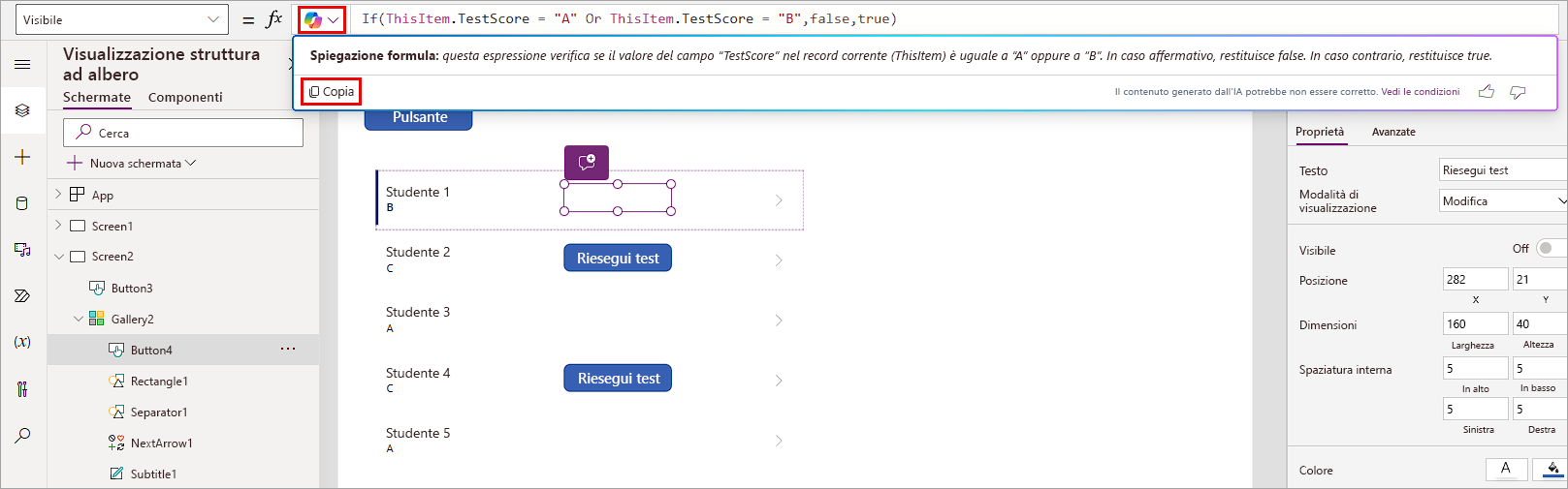 Screenshot del pulsante Retake Test da visualizzare solo in caso di voti diversi da A o B.