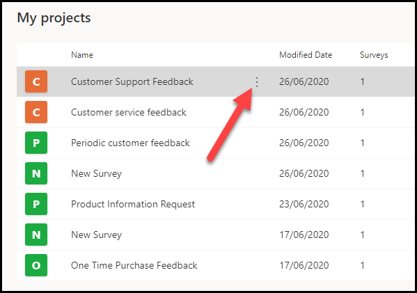 Progetti personali con Feedback assistenza clienti selezionato e una freccia che indica il pulsante con i puntini di sospensione adiacente.