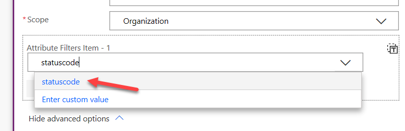 Filtro attributi del trigger (screenshot) con una freccia che indica l'opzione statuscode in Filtri dell'attributo - Elemento 1.