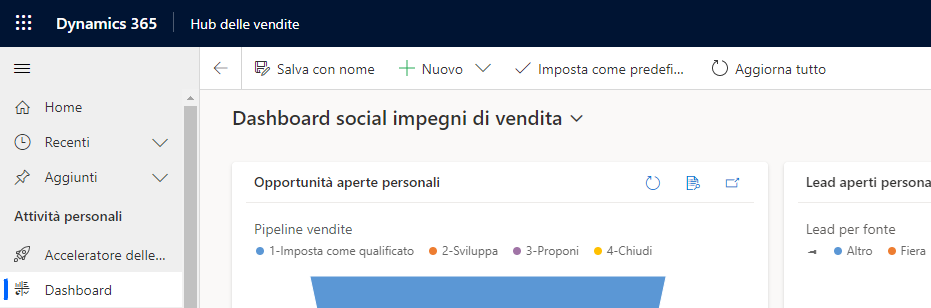 Applicazione Hub delle vendite (screenshot) con il dashboard social Impegni di vendita