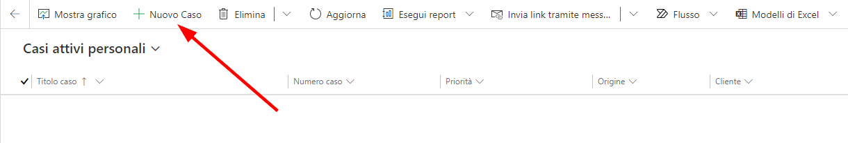 Nuovo caso (screenshot) con una freccia che indica Nuovo caso.