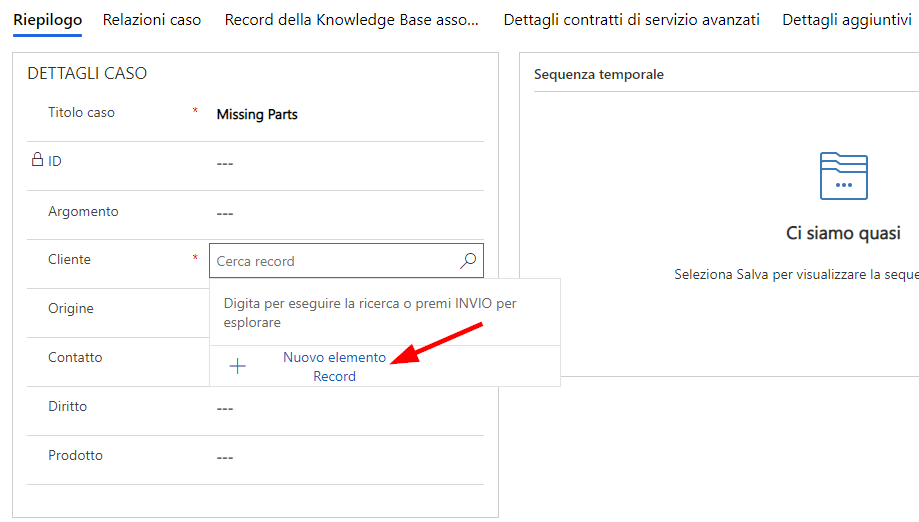 Cliente del caso (screenshot) con la scheda Riepilogo contenente i dettagli del caso e il menu a discesa Cliente con una freccia che indica Nuovo record.