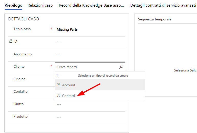 Contatto del caso (screenshot) con il menu a discesa Cliente e una freccia che indica Contatti.