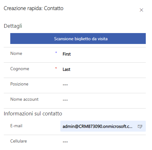 Nuovo record di contatto (screenshot) con i dettagli e le informazioni di contatto.