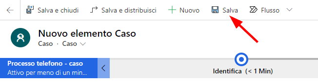 Salva caso (screenshot) per Nuovo caso con una freccia che indica Salva.