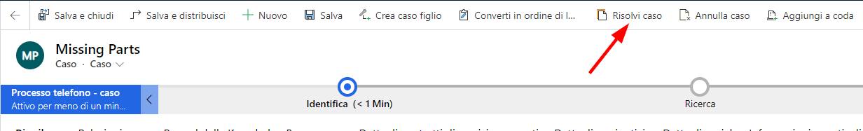 Risolvi caso (screenshot) con il caso Parti mancanti e una freccia che indica Risolvi caso.