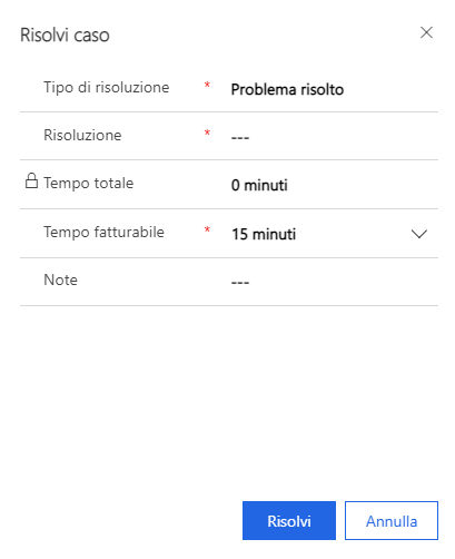 Finestra di dialogo Risolvi caso (schermata) con le colonne necessarie: Tipo di risoluzione, Risoluzione e Tempo fatturabile.