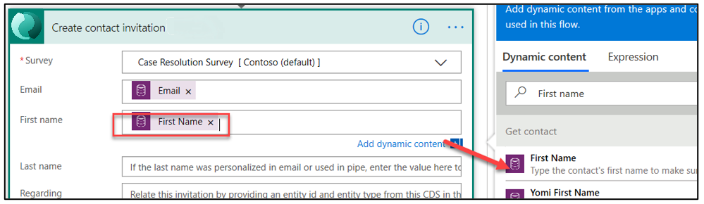 Nome del contatto (screenshot) con una freccia che indica il nome nei risultati della ricerca di contenuto dinamico.