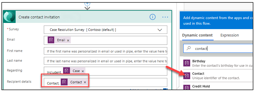 Dettagli destinatario (screenshot) con una freccia che indica Contatto nei risultati della ricerca di contenuto dinamico.