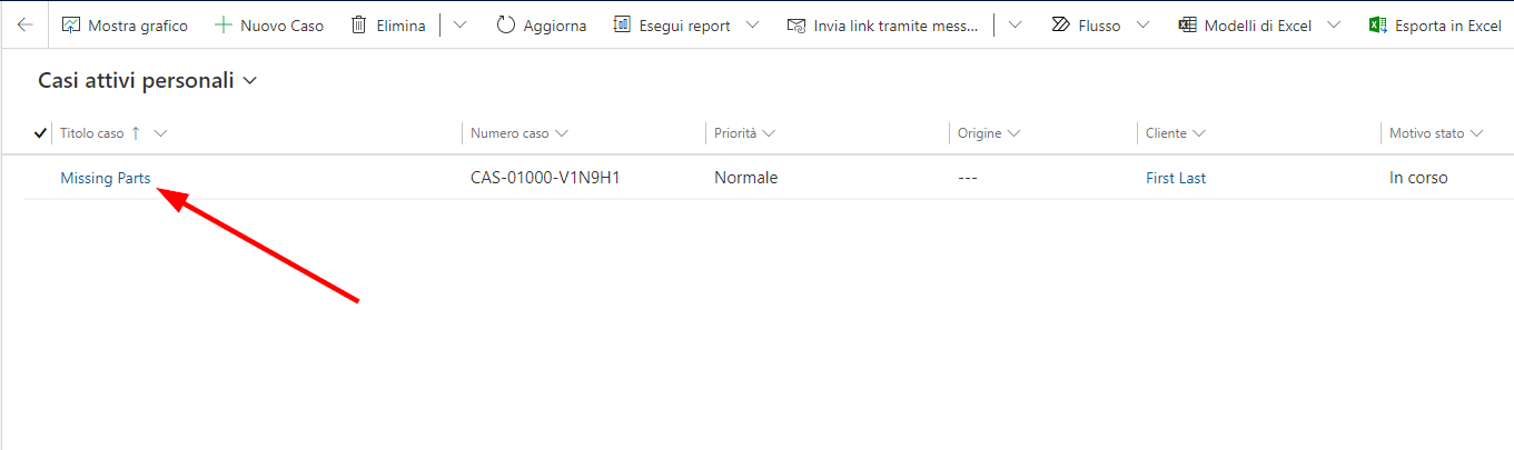 Apertura record caso (screenshot) con una freccia che indica Parti mancanti.