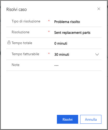 Finestra di dialogo Risolvi caso (screenshot) con la finestra di dialogo Risolvi caso e i valori specificati per le colonne necessarie Tipo di risoluzione, Risoluzione e Tempo fatturabile.