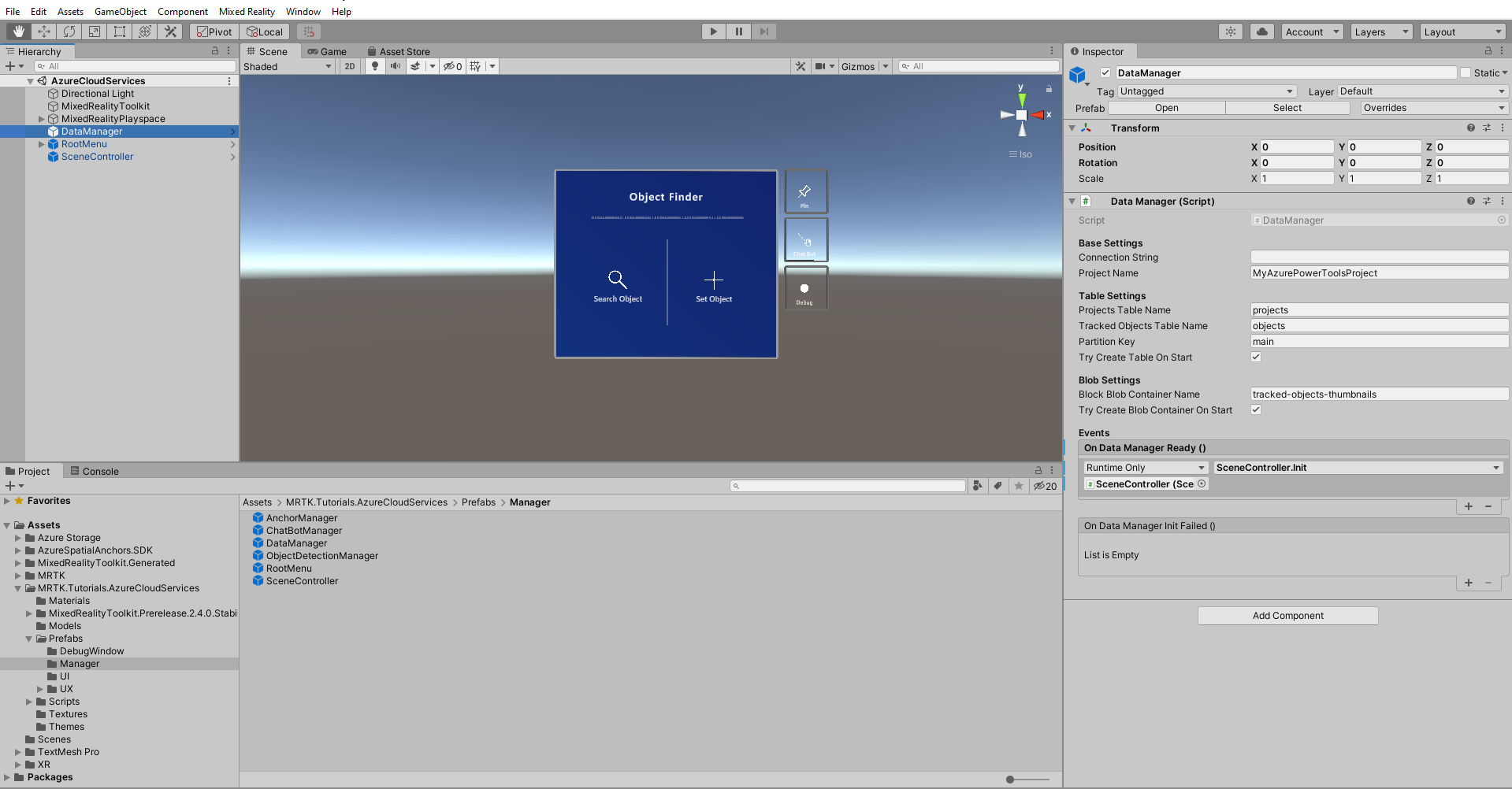 Screenshot of Unity with DataManager script component configuration fields shown in Inspector.