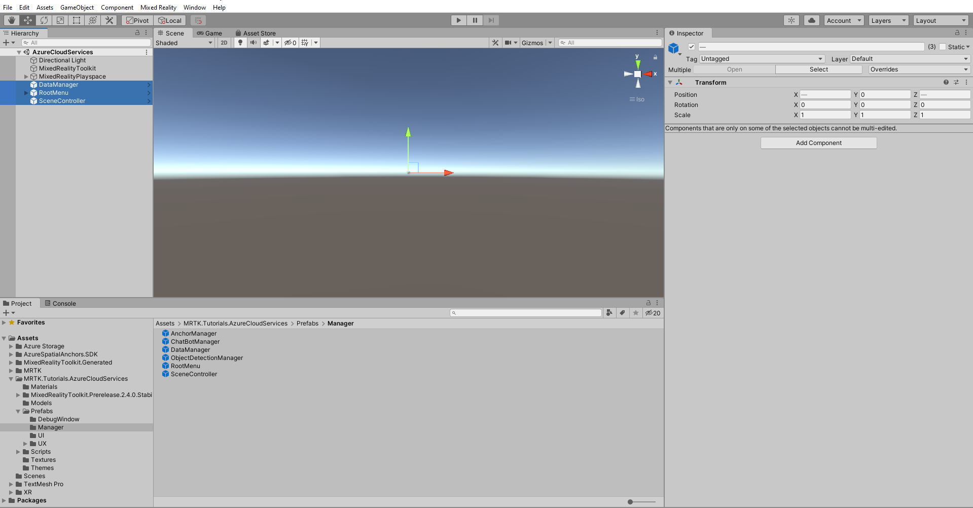 Screenshot of Unity with newly added SceneController, RootMenu and DataManager prefabs still selected.