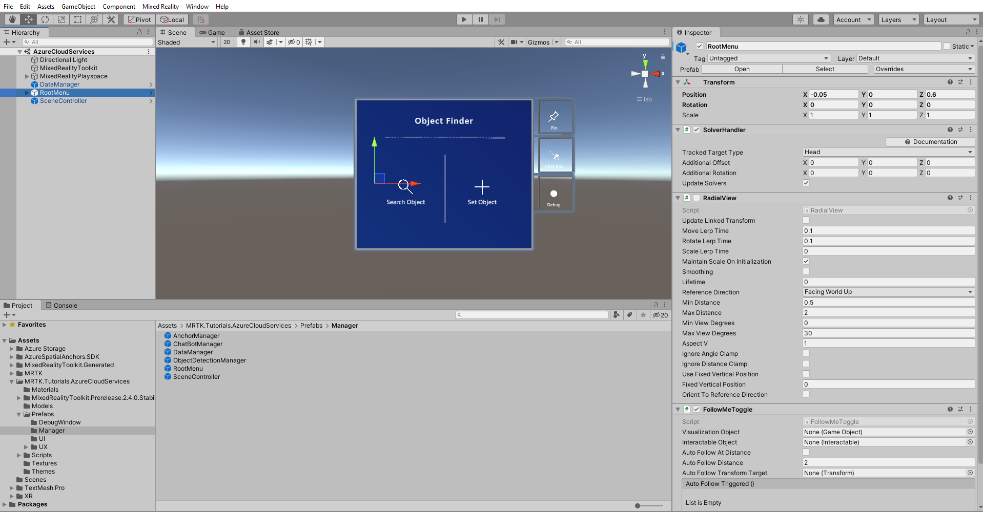Screenshot of Unity with RootMenu object selected.