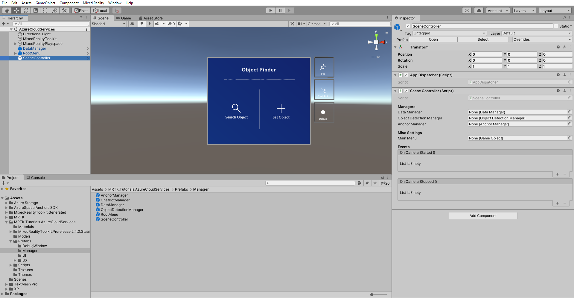 Screenshot of Unity with SceneController selected.