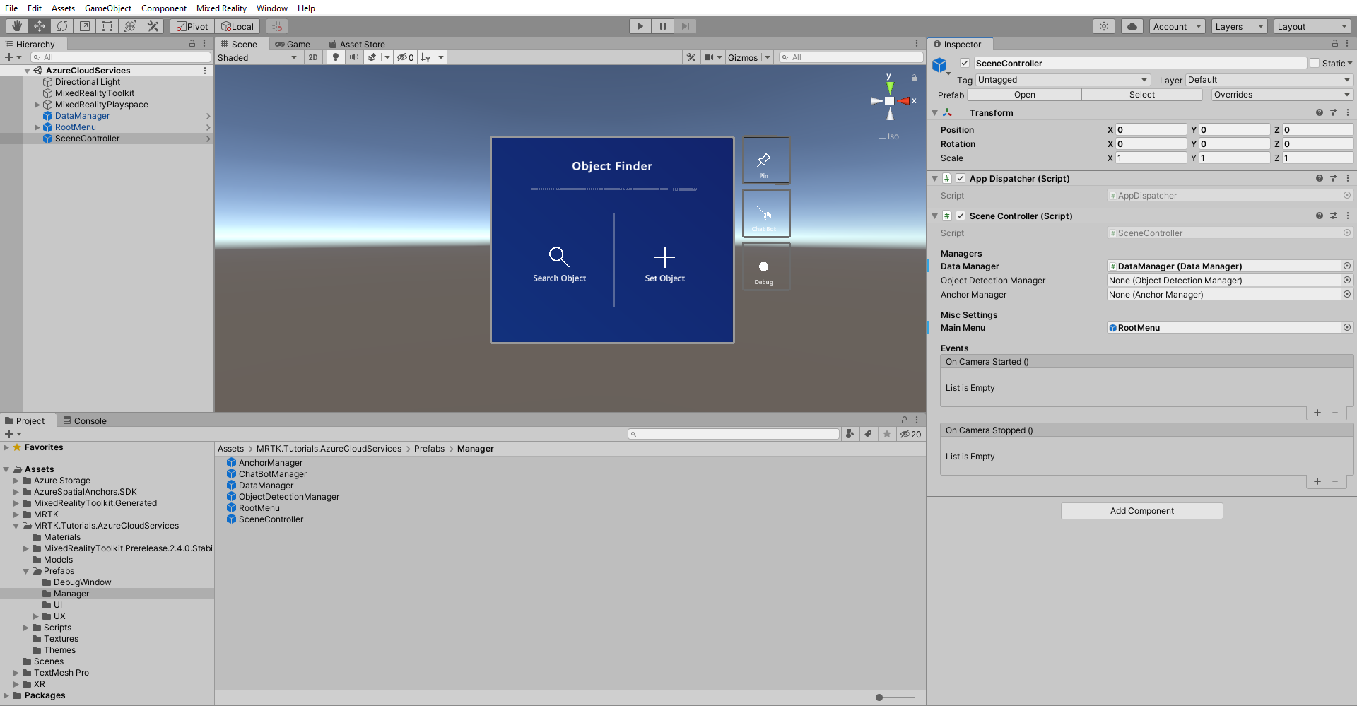 Screenshot of Unity with SceneController configured.