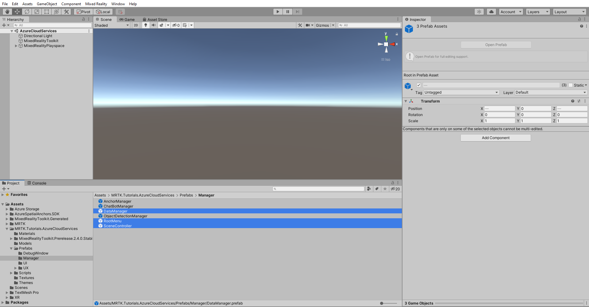 Screenshot of Unity with SceneController, RootMenu, and DataManager prefabs selected.